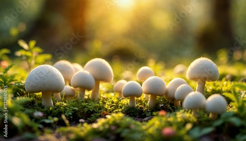 Enchanted Forest: Sunlit Mushrooms in a Serene Grove