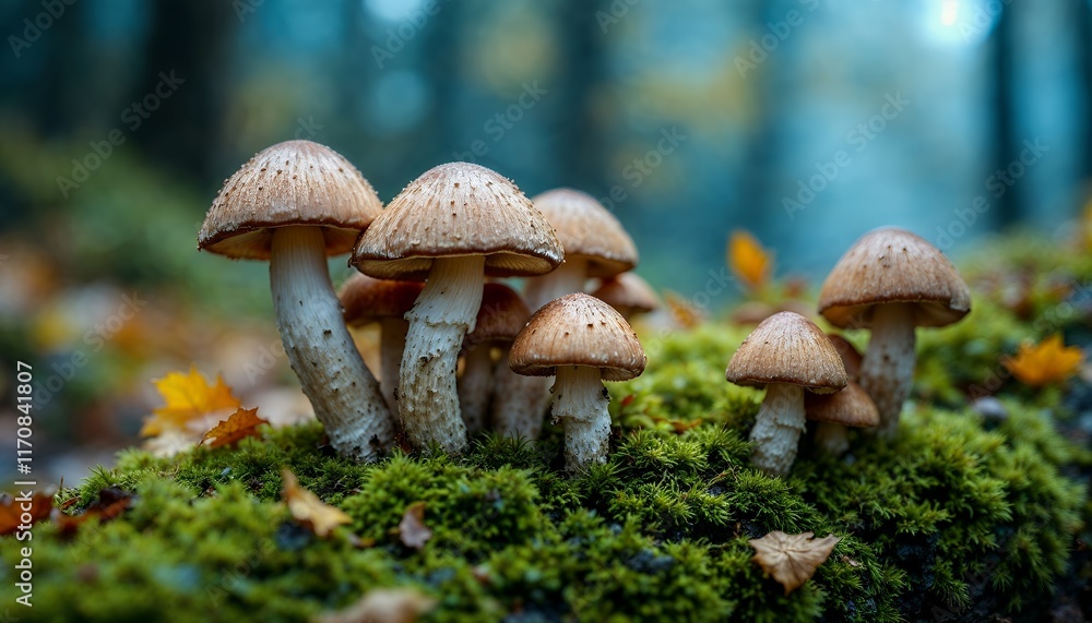 Forest Fungi: A Cluster of Mushrooms in Mossy Autumnal Setting Forest Fungi: A Cluster of Mushrooms in Mossy Autumnal Setting