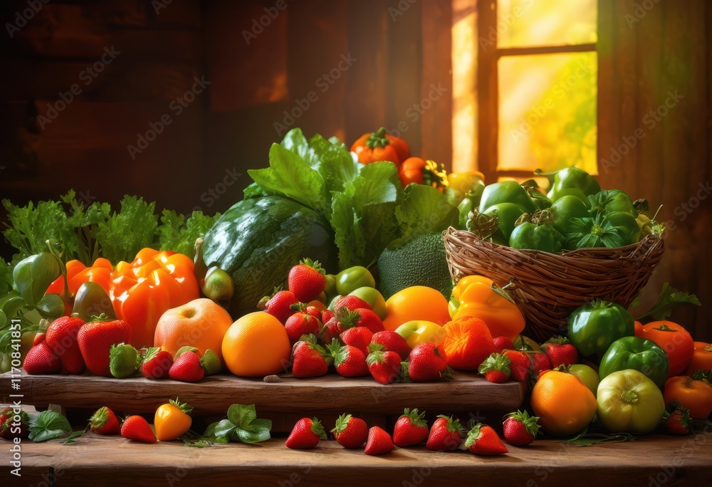 vibrant colorful display fresh fruits vegetables artistically arranged rustic wooden table brightly colored background, produce, arrangement, creative vibrant colorful display fresh fruits vegetables artistically arranged rustic wooden table brightly colored background, produce, arrangement, creative