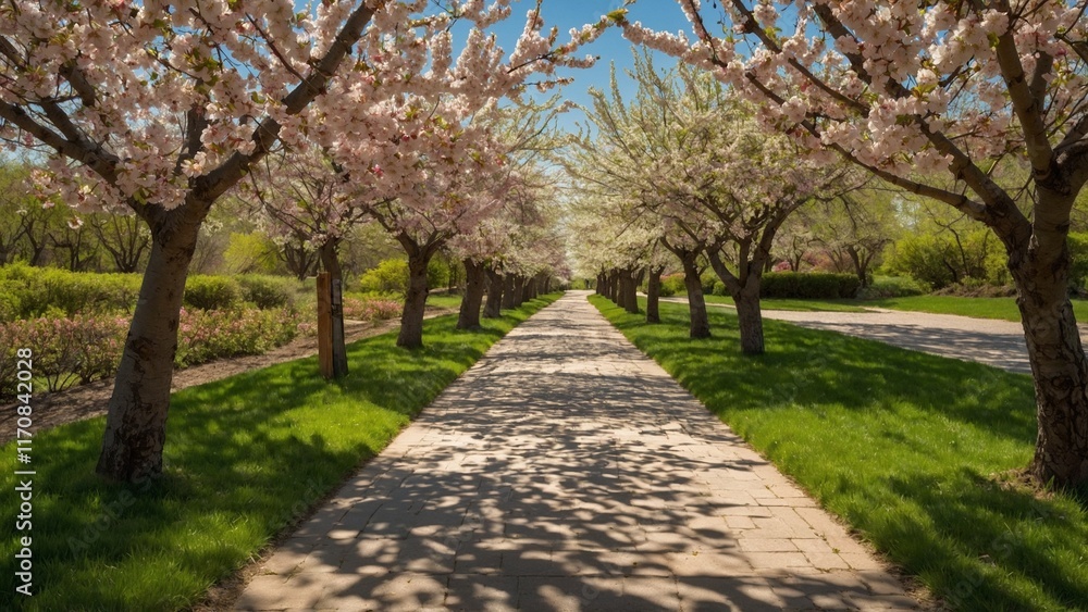 Cherry blossom trees lining a sunlit pathway in a peaceful park Cherry blossom trees lining a sunlit pathway in a peaceful park