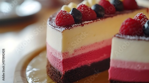 Wallpaper Mural Delicious three-layered mousse cake with raspberries and blueberries. Torontodigital.ca