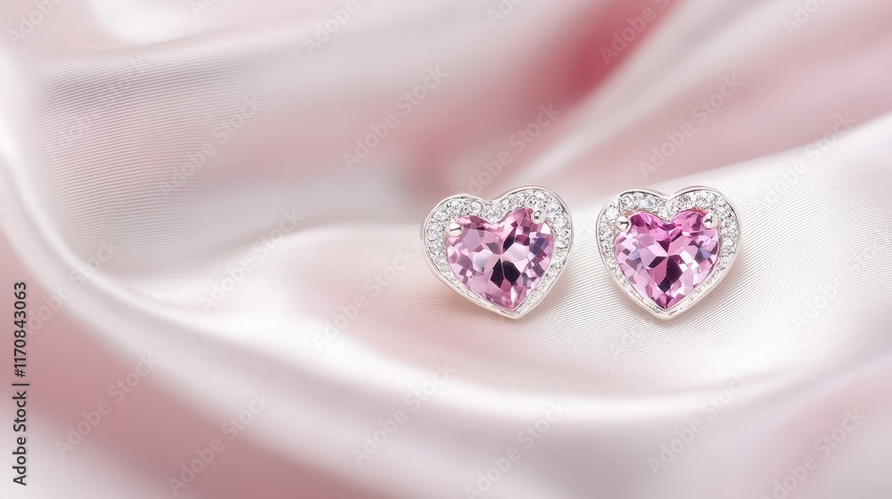 Silver heart-shaped earrings with a pink gemstone on a white silk fabric Silver heart-shaped earrings with a pink gemstone on a white silk fabric