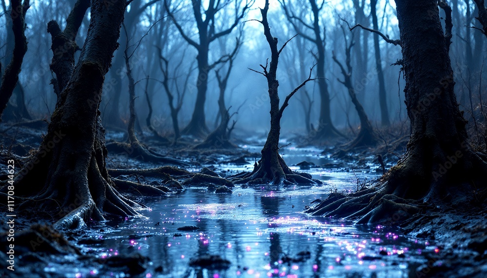Fototapeta premium Enchanted Twilight Forest: Mystical Swamp, Glowing Flora, Dark Trees