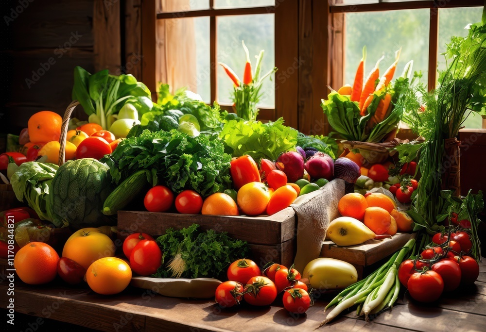vibrant organic produce displayed rustic wooden surface featuring assortment fresh vegetables fruits bright colorful arrangement, healthy, natural, market vibrant organic produce displayed rustic wooden surface featuring assortment fresh vegetables fruits bright colorful arrangement, healthy, natural, market