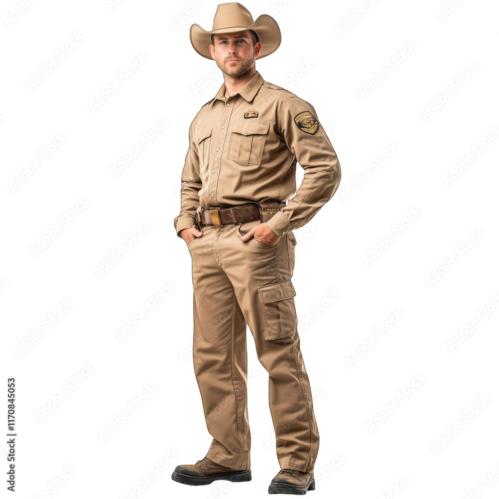 Man in tan cowboy uniform with wide-brimmed hat stands confidently against a transparent background, PNG Man in tan cowboy uniform with wide-brimmed hat stands confidently against a transparent background, PNG