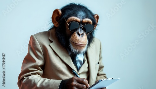 Sophisticated Chimpanzee in Suit, Writing Notes, Cool Sunglasses