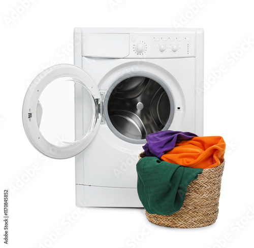 Modern washing machine and laundry basket isolated on white photo