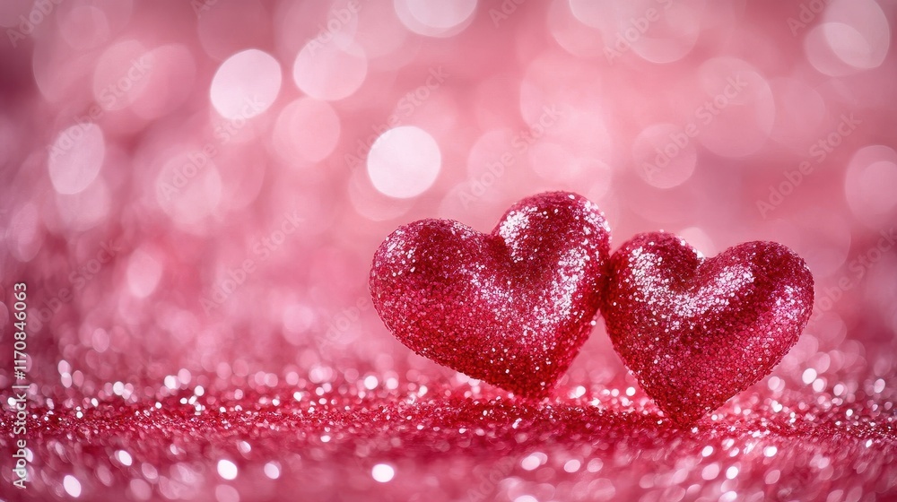 Fototapeta premium Heart-shaped bokeh lights with a soft pink background, Valentine's Day celebration