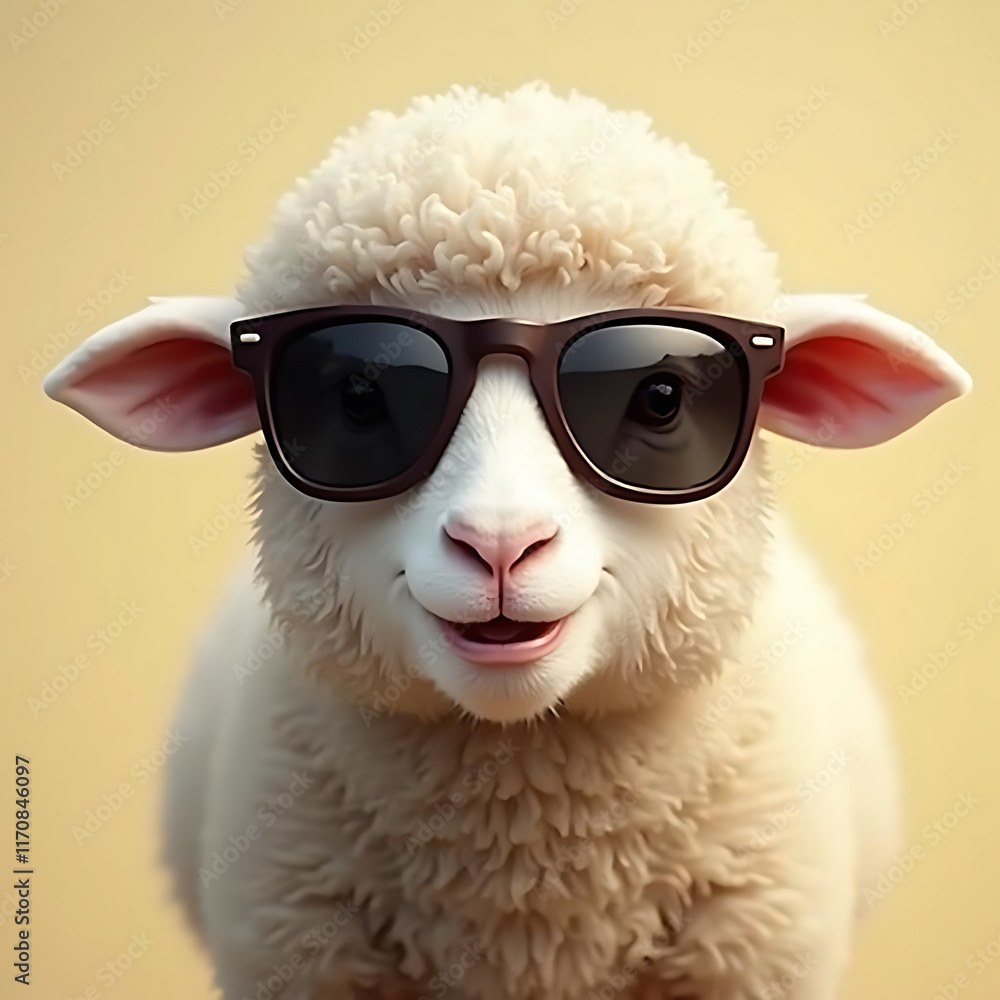 Stylish Sheep Wearing Sunglasses Poses in a Whimsical and Playful Manner for the Camera Stylish Sheep Wearing Sunglasses Poses in a Whimsical and Playful Manner for the Camera