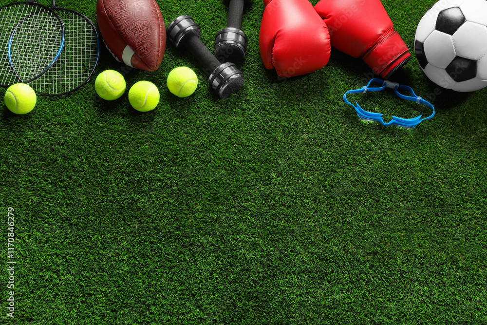 Naklejka premium Different sports equipment on artificial grass, flat lay. Space for text