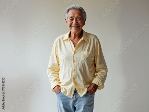 old grandfather smiling happily and kindly wearing a yellow shirt photo