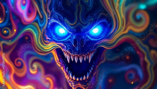 Glowing Demon Skull in Psychedelic Swirl: Vibrant Digital Art photo