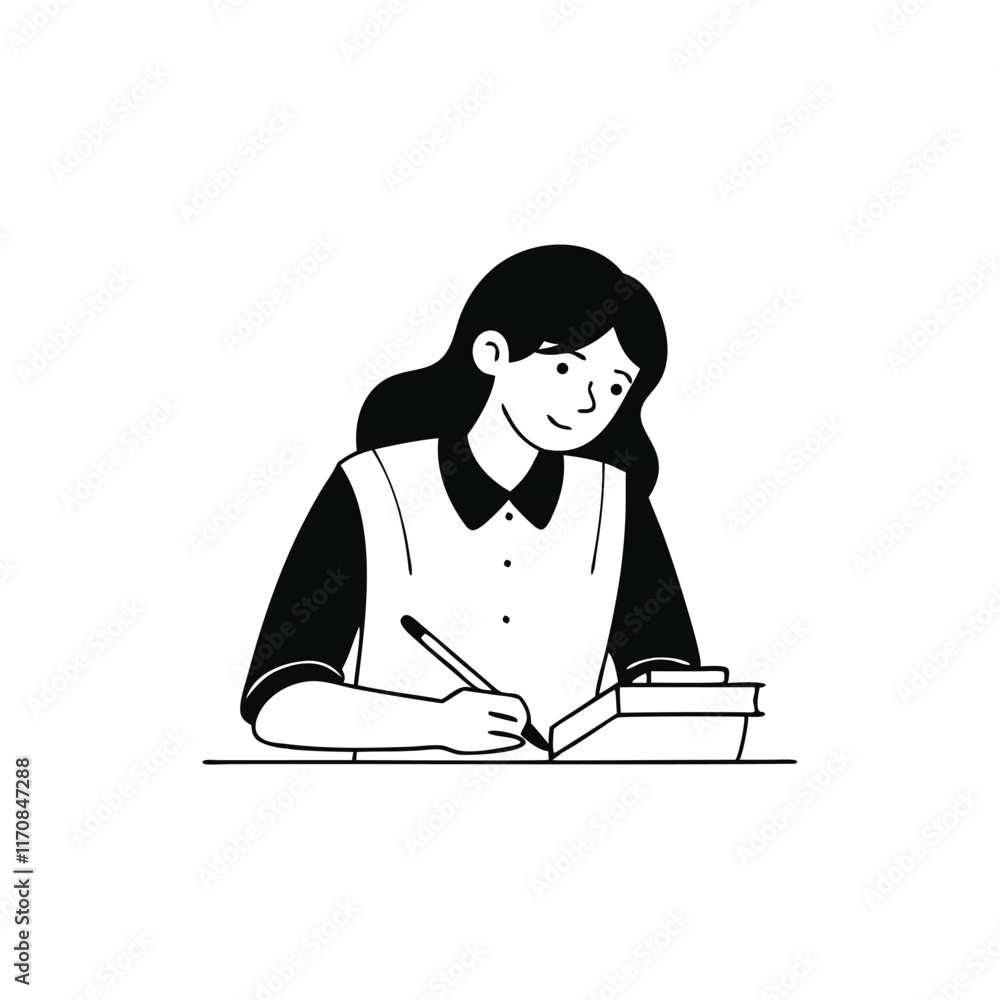 A young woman in a school uniform diligently writes in a notebook, focused on her studies Hand drawn Doodle line art flat vector illustration on white background A young woman in a school uniform diligently writes in a notebook, focused on her studies Hand drawn Doodle line art flat vector illustration on white background