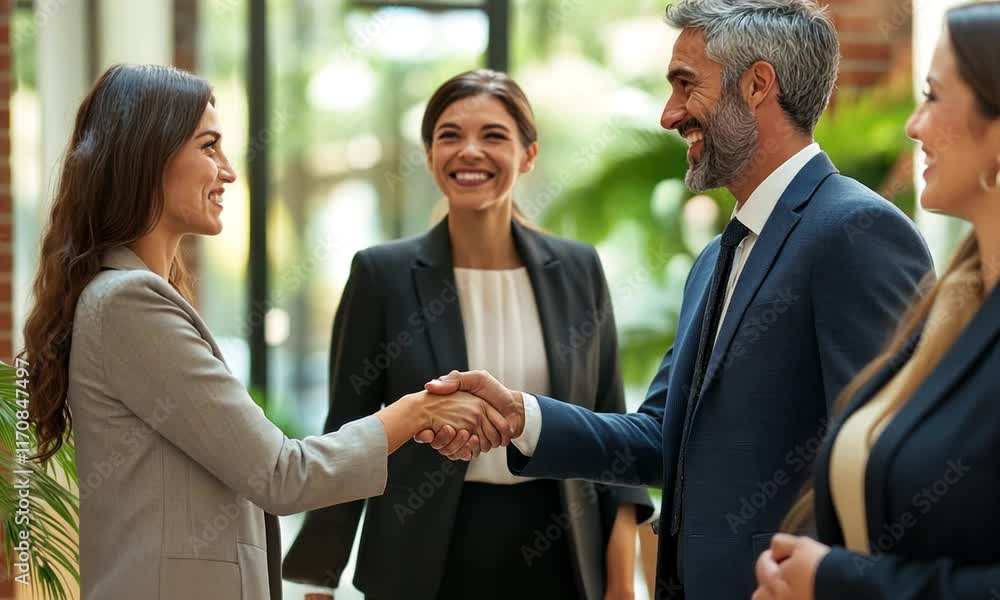 Successful Business Deal Handshake Between Smiling Colleagues in Office Lobby Successful Business Deal Handshake Between Smiling Colleagues in Office Lobby