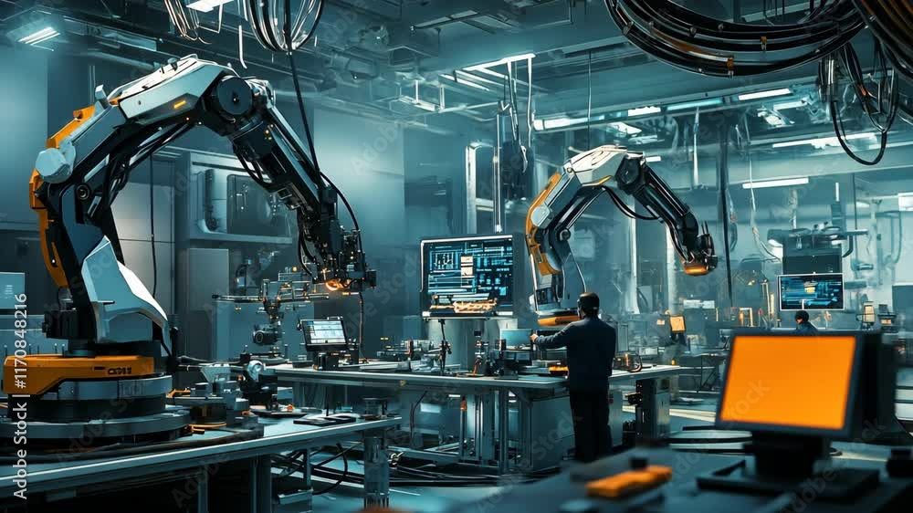 Innovative robotics in a modern automation lab showcasing advanced manufacturing processes Innovative robotics in a modern automation lab showcasing advanced manufacturing processes