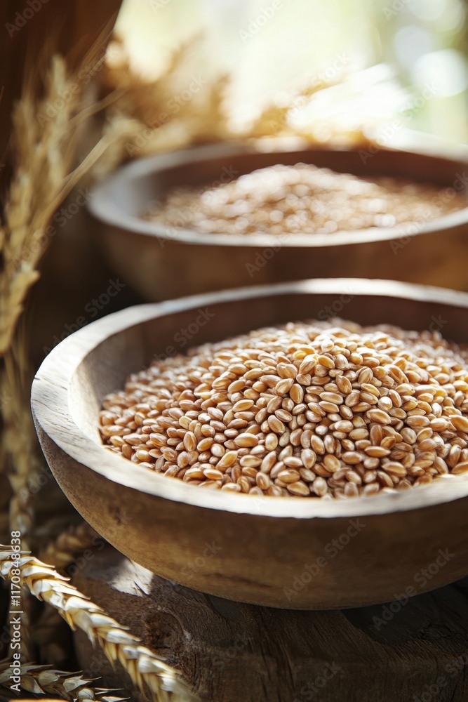 Overflowing grains symbolize fertility and abundance highlighting prosperity in a rustic setting Overflowing grains symbolize fertility and abundance highlighting prosperity in a rustic setting