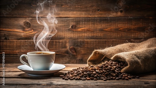 Coffee on Burlap with Smoke, wooden background, breakfast,  wooden background, breakfast, vintage, cup, nature, textures, earthy