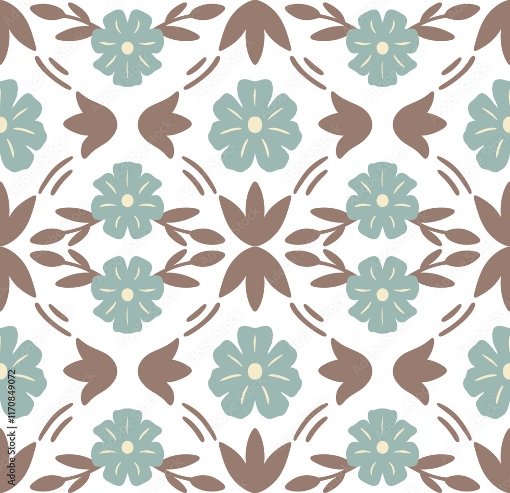 Obraz premium Seamless Floral Pattern with Light Blue and Brown Flowers and Leaves