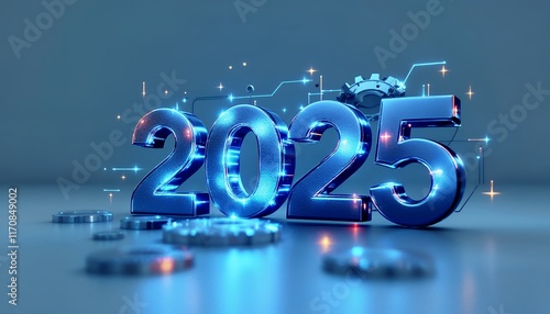 Glowing 2025: Futuristic Year Number with Tech Elements photo