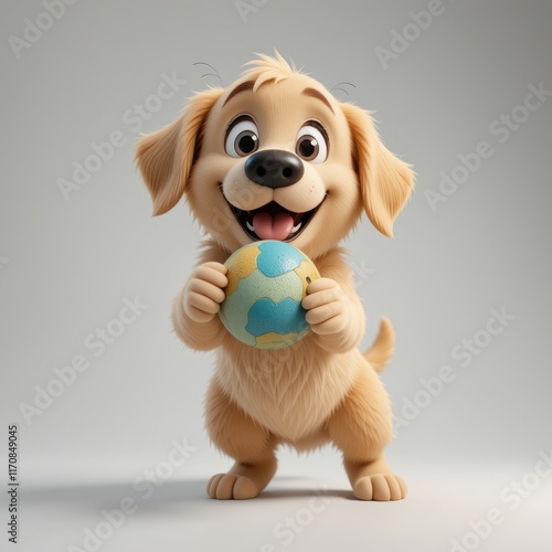 Cute cartoon golden retriever puppy holding a globe photo