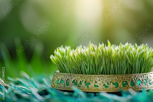 Green wheat sprouts for Nowruz holiday. Traditional celebration of vernal equinox. Persian, Iranian, Azerbaijan New Year. banner  photo