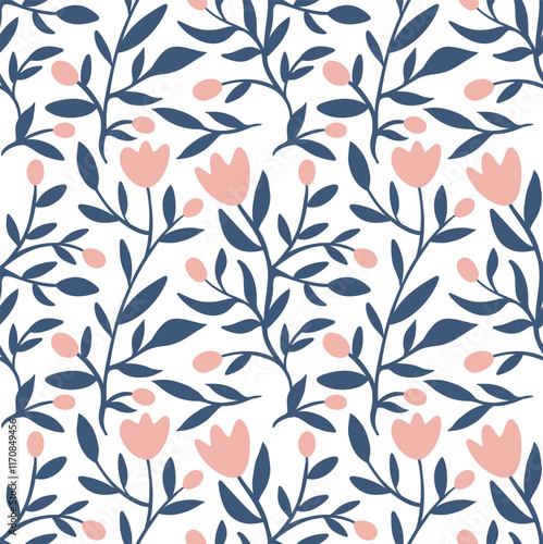 Wallpaper Mural Seamless Floral Design with Light Pink Flowers and Dark Blue Branches Torontodigital.ca