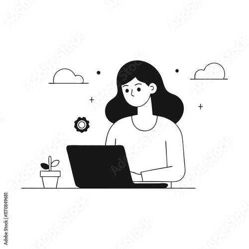 Woman focused on her laptop, reviewing a business plan displayed on the screen in a professional setting Hand drawn Doodle line art flat vector illustration on white background.