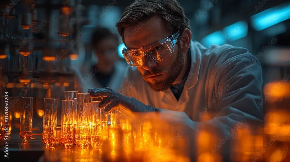 Scientist Examining Illuminated Chemical Samples In Lab Scientist Examining Illuminated Chemical Samples In Lab