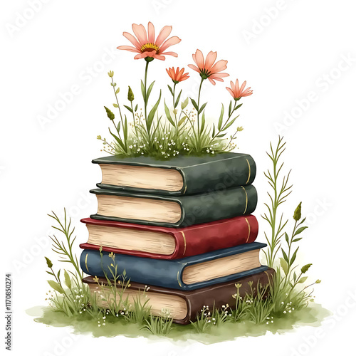 A Beautiful Illustration of Stacked Books Surrounded by Vibrant Flowers and Lush Greenery