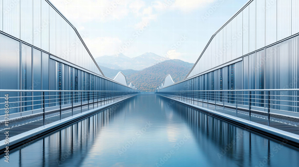 Obraz premium Data Center Heat Water Consumption. A modern bridge over calm water surrounded by mountains and a clear sky.