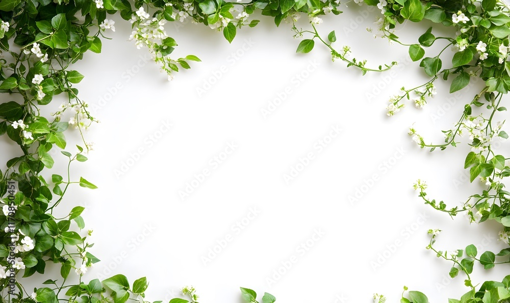 White background with green vine frame and small white flowers. White background with green vine frame and small white flowers.