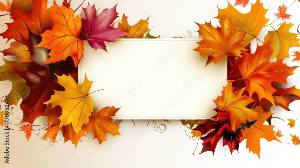 Fall background with colored leaves and a blank white card for text or design Fall background with colored leaves and a blank white card for text or design
