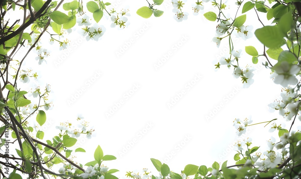 White flowers and green leaves frame a white background. White flowers and green leaves frame a white background.
