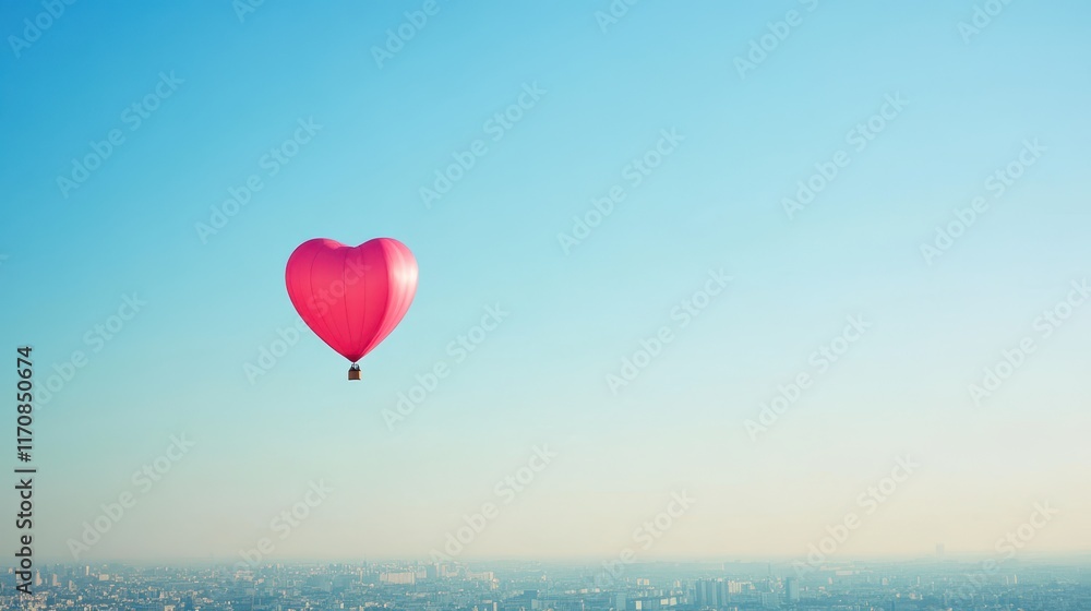 Fototapeta premium A pink heart-shaped balloon flying against a clear blue sky with a cityscape in the background
