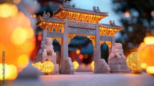 Chinese new year lanterns heritage concept. Lanterns glowing beneath an ancient stone archway, golden light reflecting the enduring legacy of Chinese heritage photo