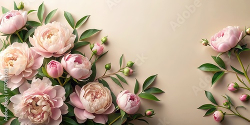 Wallpaper Mural Soft pink peonies with delicate petals and lush greenery, set against a neutral beige background, floral design , floral arrangement Torontodigital.ca