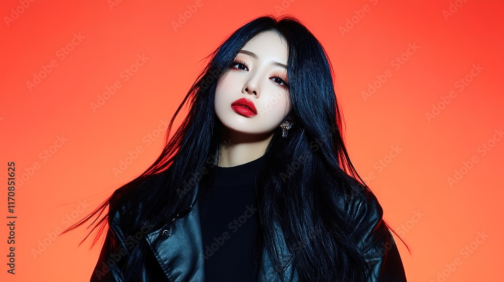 Obraz premium Portrait of a Fashionable Woman with Long Black Hair and Bold Makeup