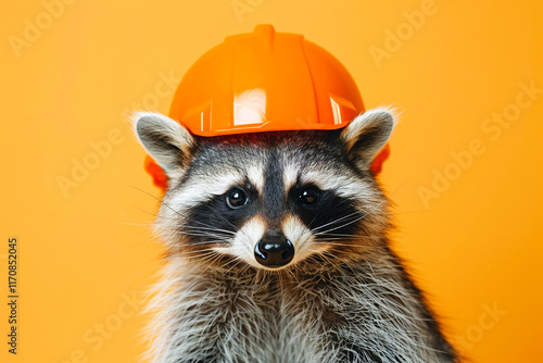 A charming raccoon wearing a construction helmet, adding humor to the safety scene with its curious look. photo