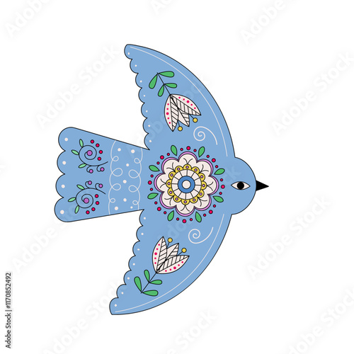 Flying bird with folk floral ornament, Slavic, Scandinavian style.