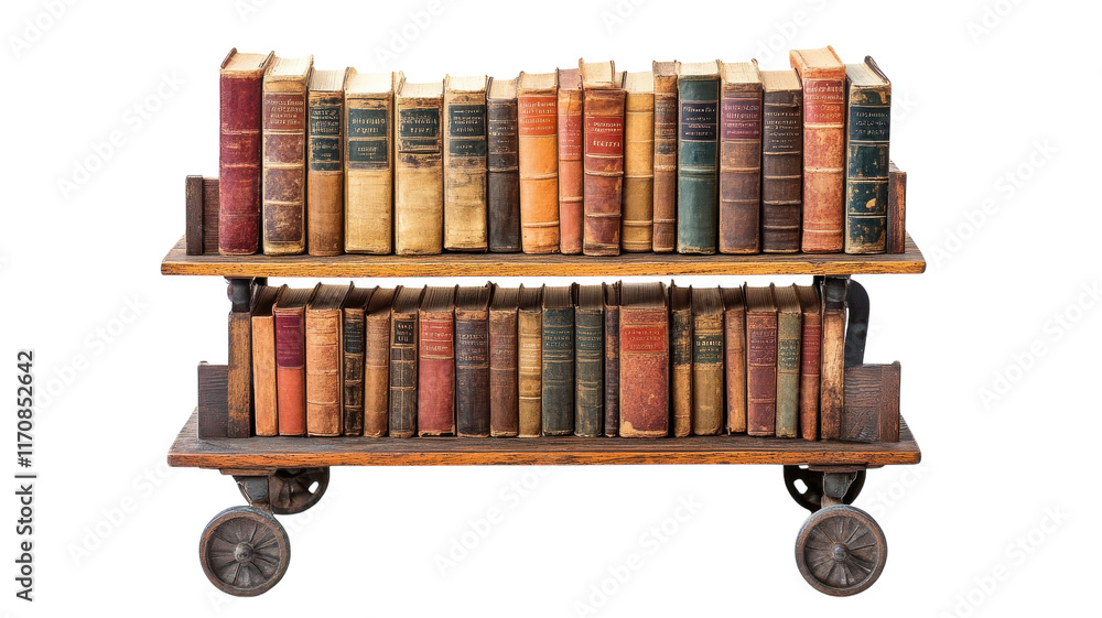 A Vintage Wooden Book Cart Perfect for Displaying Classic Novels and Enhancing the Aesthetic of Any Library or Reading Nook.