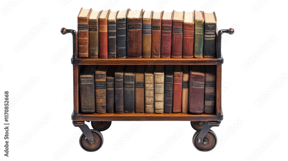 Charming Vintage Wooden Book Cart Perfect for Showcasing Classic Novels in Libraries or Bookstores.