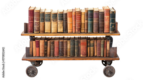 A Vintage Wooden Book Cart Perfect for Displaying Classic Novels and Enhancing the Aesthetic of Any Library or Reading Nook.