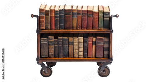 Obraz na płótnie Charming Vintage Wooden Book Cart Perfect for Showcasing Classic Novels in Libraries or Bookstores. w salonie