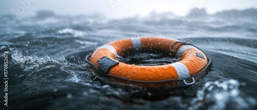 Orange life preserver adrift in choppy water.