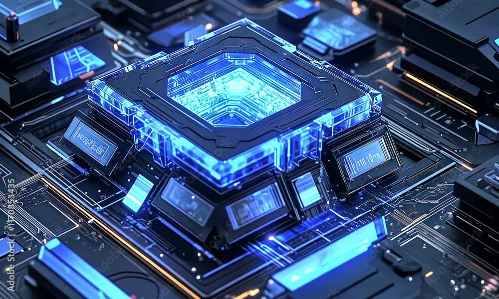 Futuristic Computer Chip with Blue Glowing Circuitry Futuristic Computer Chip with Blue Glowing Circuitry