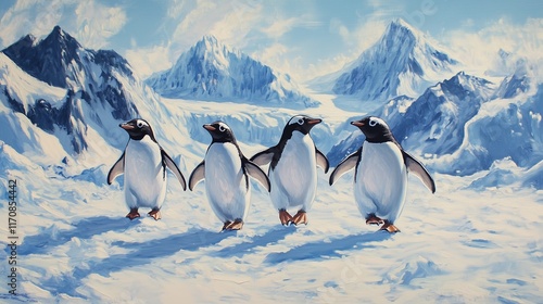 Penguins walking over frozen tundra with mountains glistening in the background.