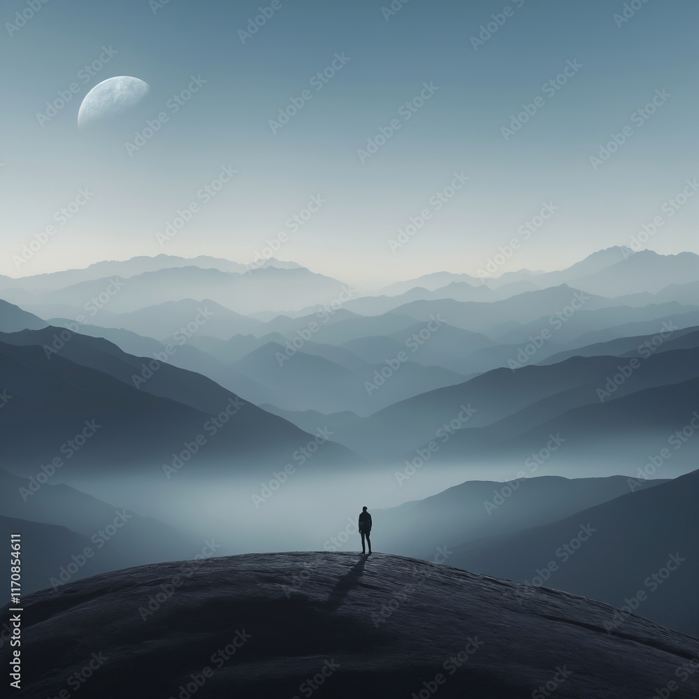 man on top of the mountain, standing above the clouds