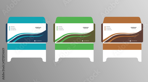 Attractive 3 envelope template in different colors arranged in a visually appealing way with mockup.