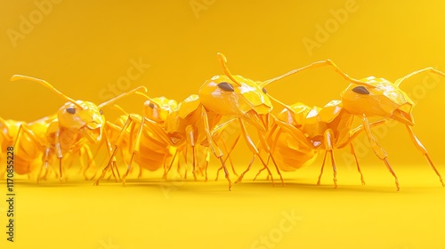 Low poly golden ants marching on yellow background. photo