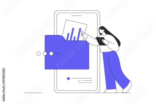 Business woman character upload documents on mobile phone. Technology online storage server. Cloud computing database. Flat Cartoon Vector Illustration, icon. Stylish abstract
